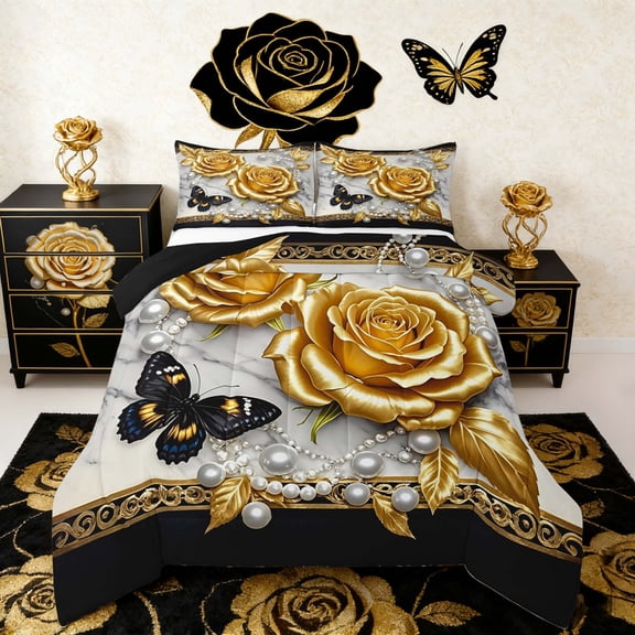3D Gold Rose Floral Bedding Toddler Comforter Set for Girls, Chic Butterfly Down Comforter, Luxury Pearl Print Bedding Sets Toddler with Comforter, Lightweight Bedroom Decoration, 2 Pieces Reversible