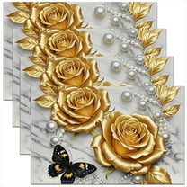 3D Gold Rose Floral Place Mats Set of 4 for in Door Dinning for Girls, Chic Butterfly Table Place Mats for in Door Dining, Luxury Pearl Print Table Mats for Dining Table, Luxurious Kitchen Decor