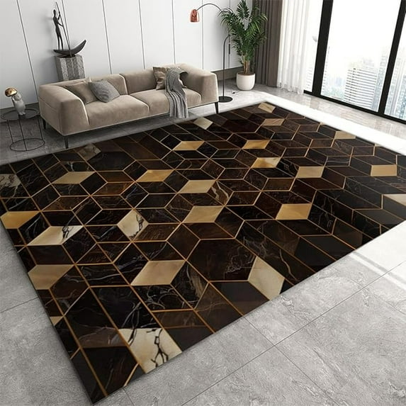 3D Golden Geometric Cube Area Rug, Abstract Optical Illusion Non Slip Carpet, Low Pile Machine Washable Rug For Living Room Bedroom Kitchen Dining Room Home Office Floor Mat 4x6ft