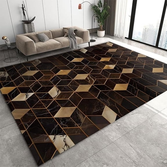 3D Golden Geometric Cube Area Rug, Abstract Optical Illusion Non Slip Carpet, Low Pile Machine Washable Rug For Living Room Bedroom Kitchen Dining Room Home Office Floor Mat 1x2ft