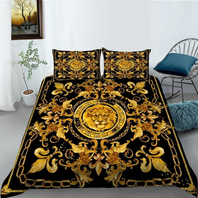 3D Golden Lion Vintage Flower Black and Gold Duvet Cover Bedding Set