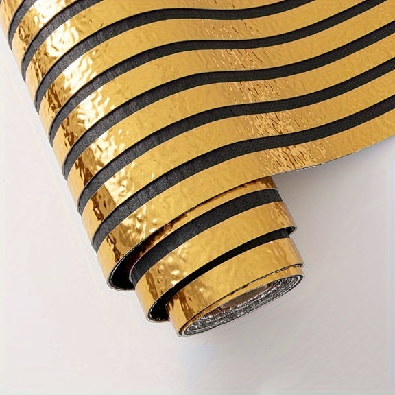 3D Golden Wave Grid Reflective Wallpaper Non-Stick Golden Silvery Foil Wallpaper for KTV Hair Salon Hotel Living Room Ceiling 3D Decor