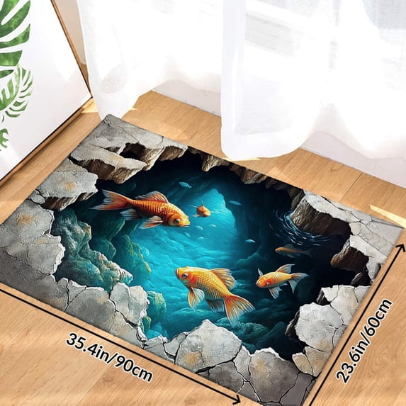3D Goldfish Pond Illusion Floor Mat Soft Small Velvet Area Rugs Non Slip Indoor Floor Carpet for Living Room Bedroom Decor