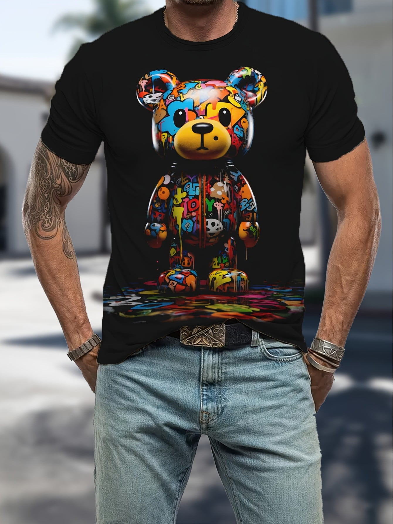 3D Graffiti Bear Pattern Print Men's Crew Neck Short Sleeve T-shirt ...
