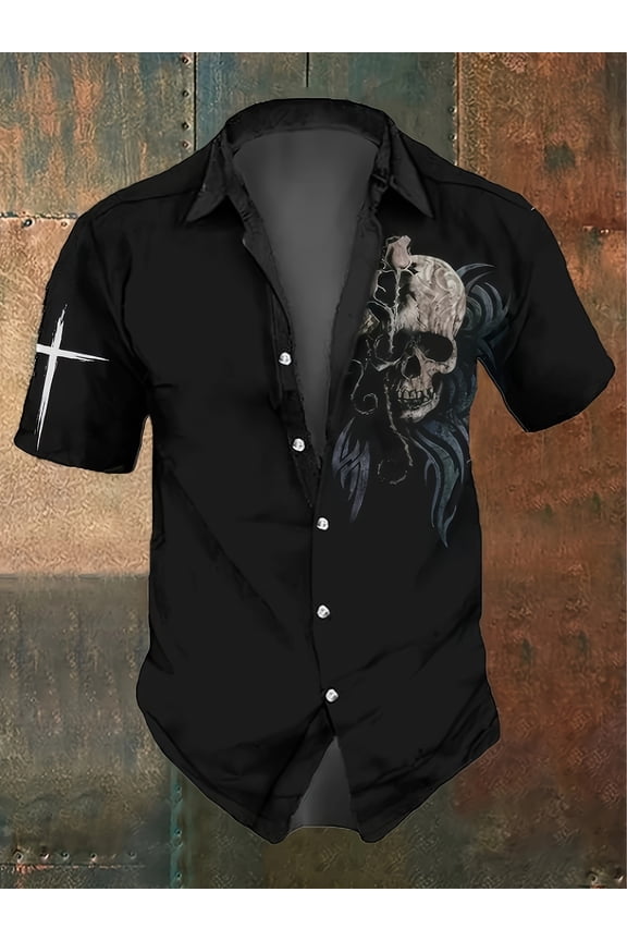 3D Graphic Skull Shirt for Men Beach Shirts Summer Button Down Short Sleeve Tops Vacation Outfits Clothes Black 3XL