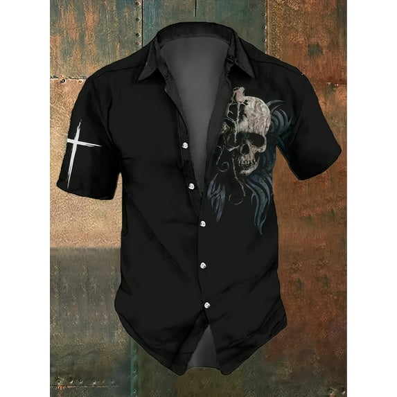 3D Graphic Skull Shirt for Men Beach Shirts Summer Button Down Short Sleeve Tops Vacation Outfits Clothes Black XXL