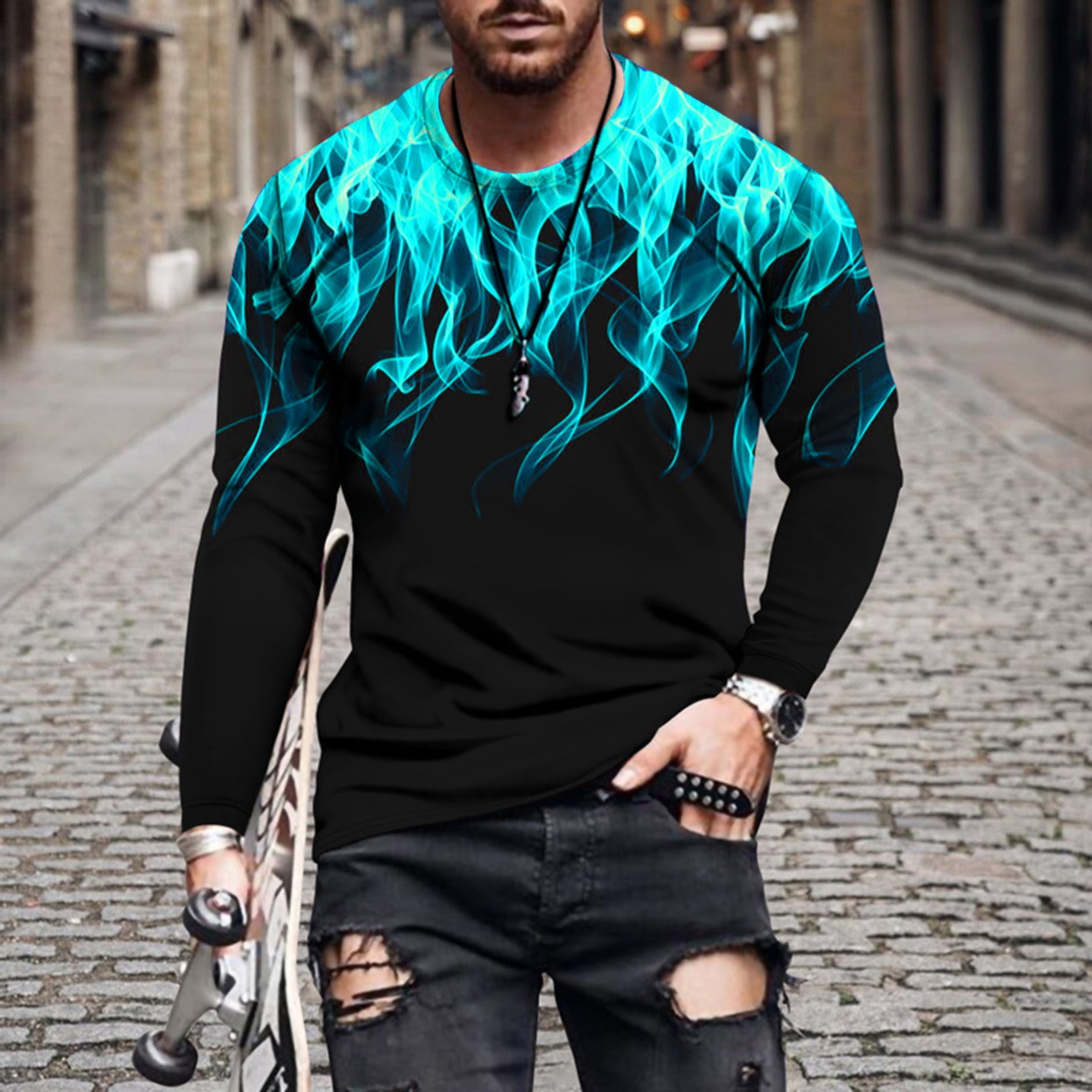 3D Graphic Tee for Men Fashion Fire Print Tshirt,Mens Slim Fit