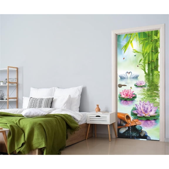 3D Green Bamboo Landscape Door Sticker Peel and Stick Door Wraps Wall Murals Decals Self