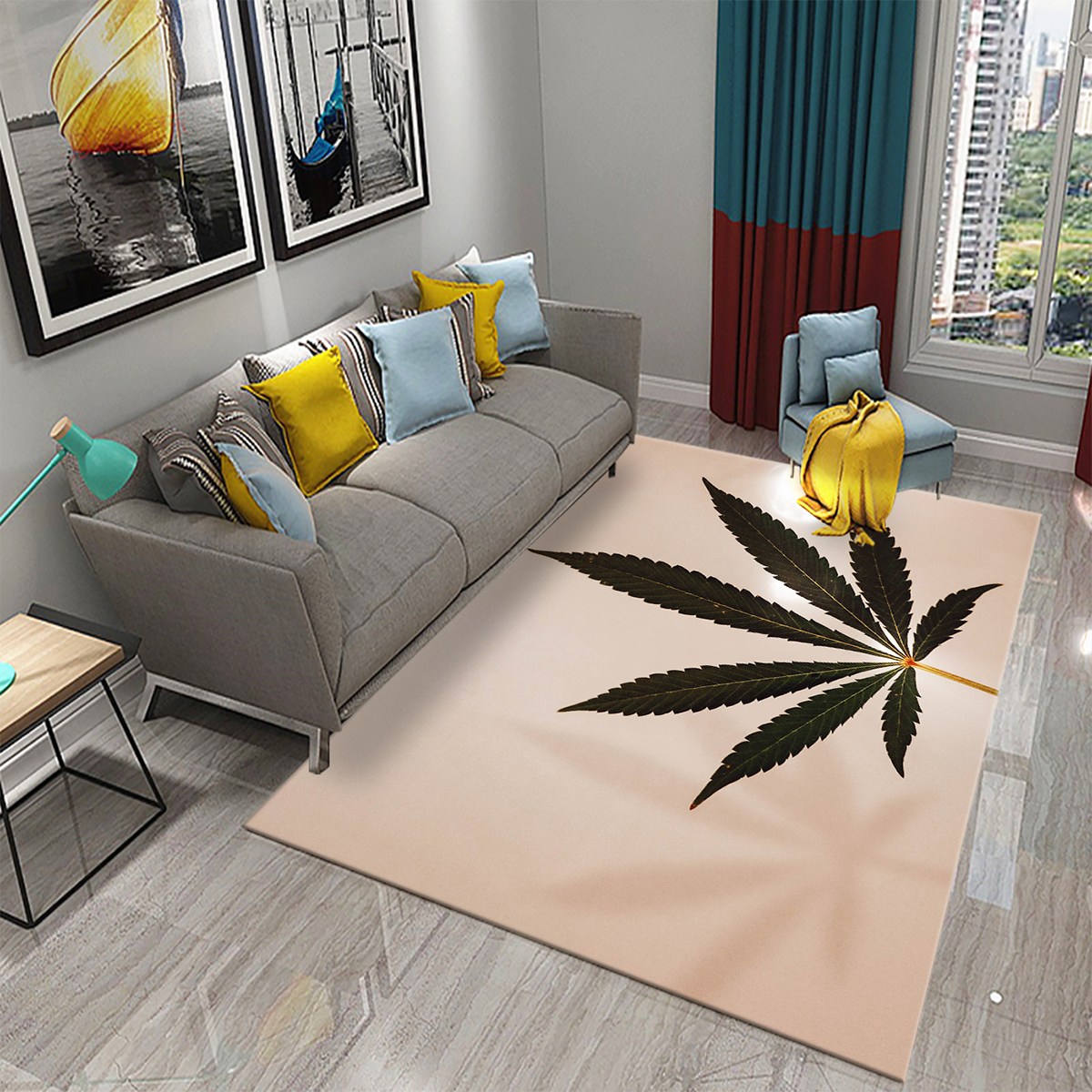 3D Green Cannabis Leaf Carpet Green Plant Mats for Living Room Bedroom