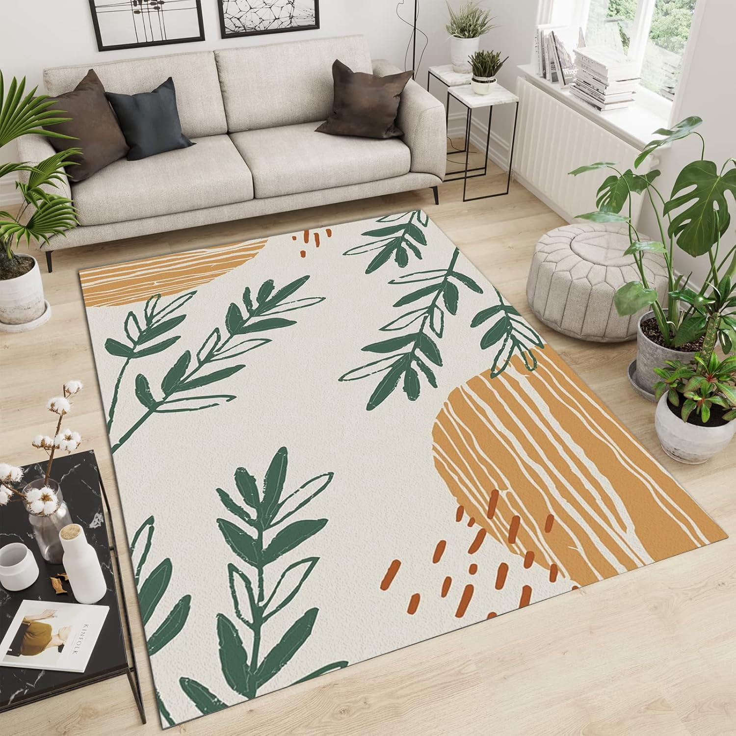 3D Green Leaf Plant Area Rug, White Minimalist Apartment Carpet, Porch ...