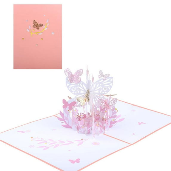 3D Greeting Card(pink),Butterfly and Flower Greating Card for Mother's Day Gift Wife Birthday Gift Couple Gift,Closed size 20*15cm