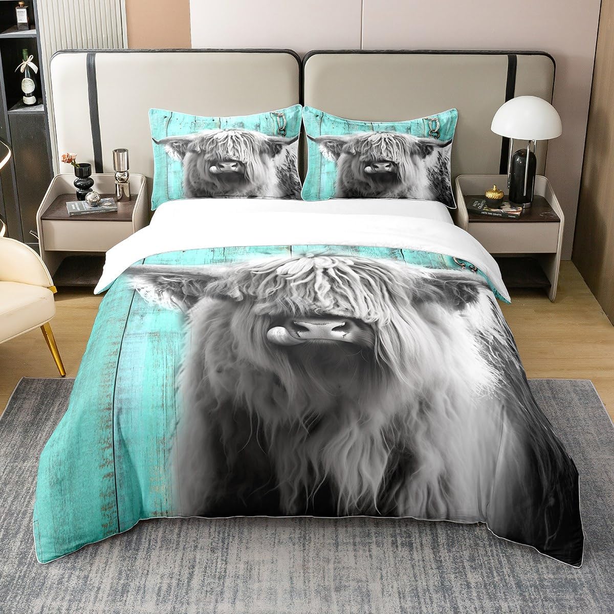 3D Grey Highland Cattle Comforter Cover,Cute Cow Bedding Set For Kids