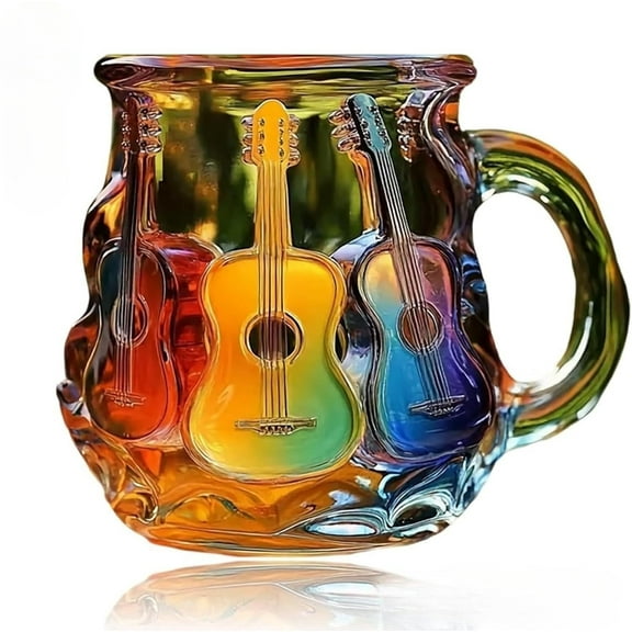 3D Guitar Art Borosilicate Glass Coffee Mug - Hand-Blown Artistic Music Theme Cup for Coffee & Tea - Unique Handcrafted Gift for Musicians