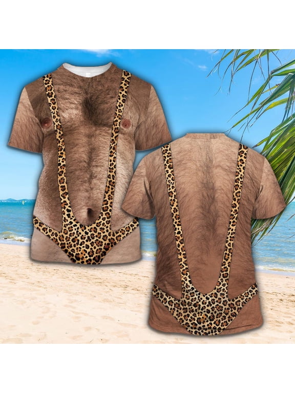 3D Hairy Muscle Body Swimsuit T-Shirt for Men, Funny Mankini Tee Leopard Print Mankini Shirt Adult Party Costume Top for Beach Bachelor Gift