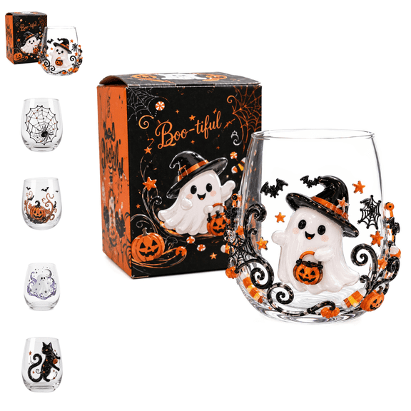 3D Halloween Artisan Glassware Collection, "Boo-tiful" Ghost Magic Stemless Glass, Spooky 3D Ghost Pumpkin Spider Black Cat Design, Enchanted Fall Home Bar Table Decor E-1PC