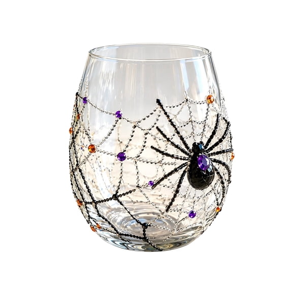 3D Halloween Artisan Glassware Collection - Halloween Rhinestone Spider Web Stemless Cup, Handmade 3D Halloween Artisan Glass Cups for Halloween Party Atmosphere