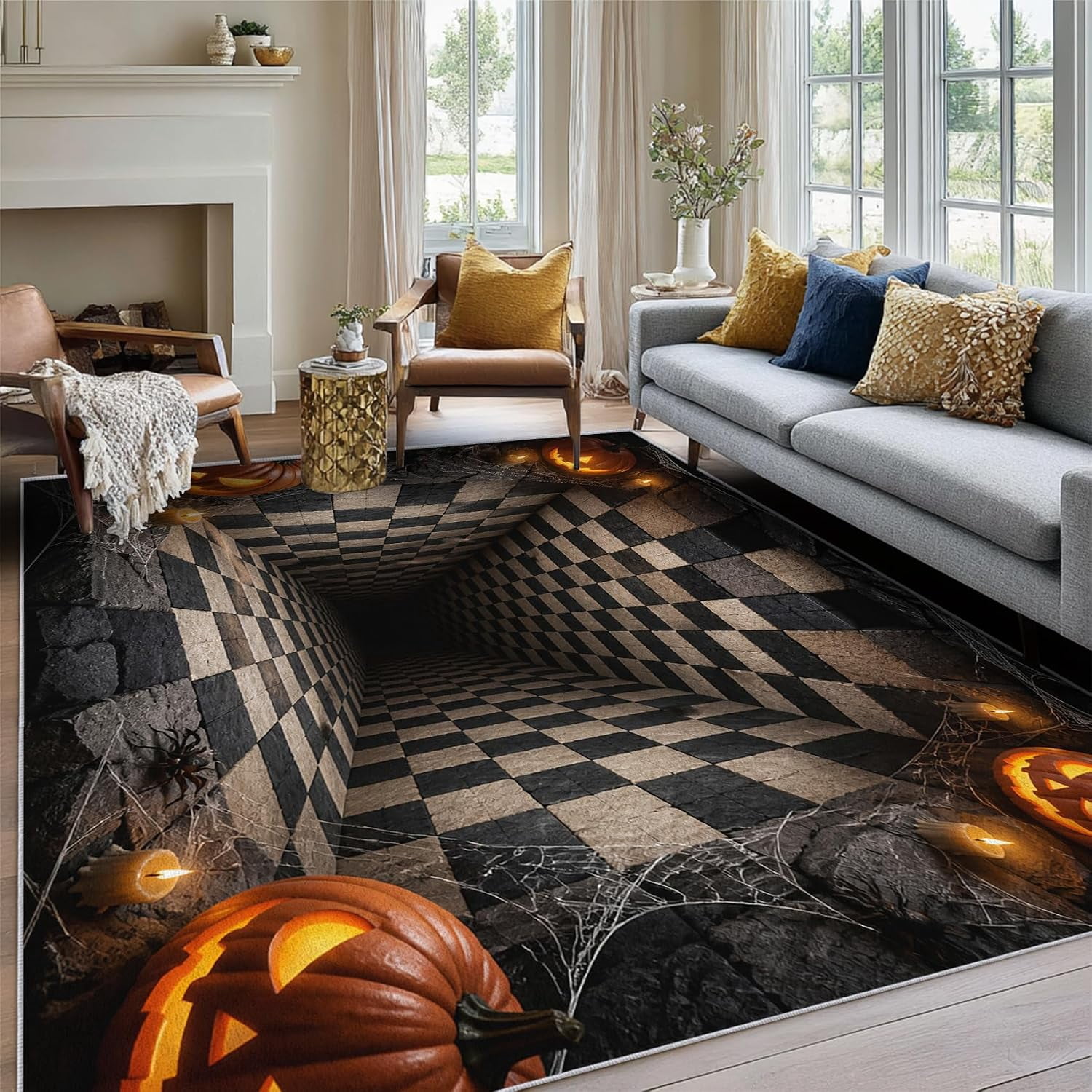 Checked Rug Kitchen 3D Halloween Checkered Area Rugs, Optical Illusion Carpet, Washable Non ...
