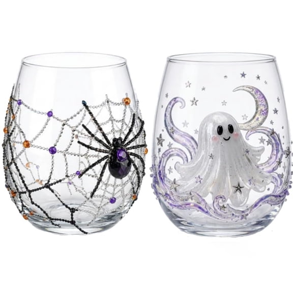 3D Halloween Craft Glassware Set - 2 Pieces: Handmade handleless wine glass and water glass. Halloween glassware, pumpkins, ghosts, black cats, spider webs, themed drinking cups for home decorations
