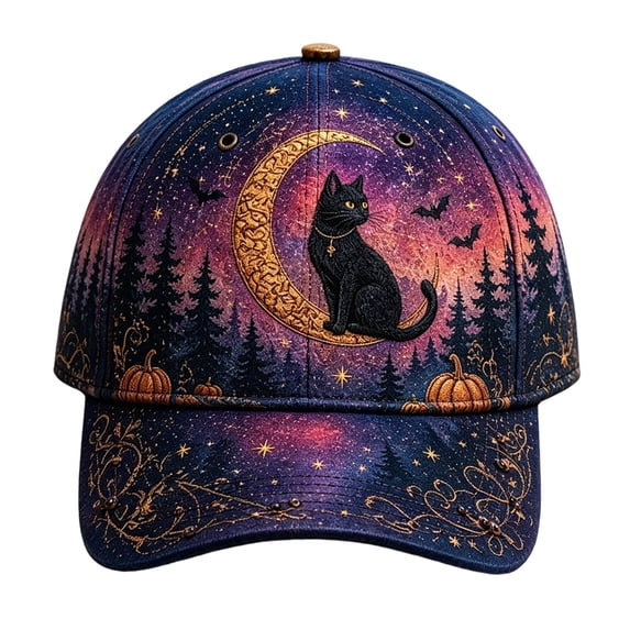 3D Halloween Embroidered Baseball Cap,Black Cat Crescent Moon Bat Design Adjustable Sun Hat for Unisex,for Fall Halloween Holiday Party Outdoor Daily Wear