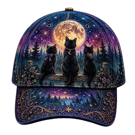 3D Halloween Embroidered Baseball Cap,Three Black Cat Fence Moon Design Adjustable Sun Hat for Unisex,for Fall Halloween Holiday Party Outdoor Daily Wear