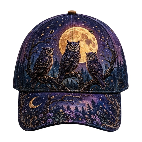 3D Halloween Embroidered Baseball Cap,Three Owl Night Sky Design Adjustable Sun Hat for Unisex,for Fall Halloween Holiday Party Outdoor Daily Wear
