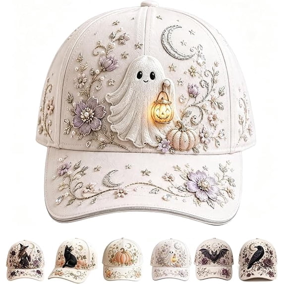 3D Halloween Embroidered Baseball Cap for Women, Washed Cotton Halloween Hat with Witch Pumpkin Design, Adjustable Baseball Cap for Fall Halloween Party Gift (Pumpkin Moon)
