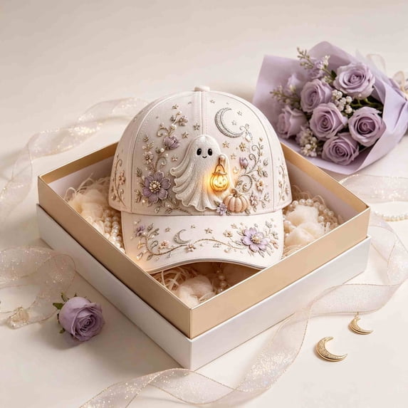 3D Halloween Embroidered Baseball Cap for Women Washed Cotton Hat with Pumpkin Ghost Embroidery for Women Gift (Ghost)