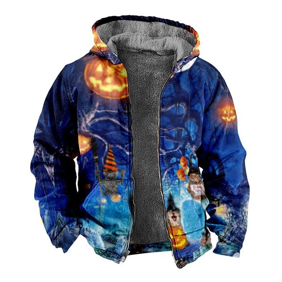 3D Halloween Fleece-Lined Thickened Double-Layer Inner Thick Fleece Cotton Jacket with Zipper and Pocket for Warmth