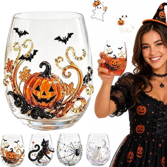 3D Halloween Glass Cups, Embossed Pumpkin Ghost Spider Web, 12 oz Clear Drinkware for Fall Parties(A)