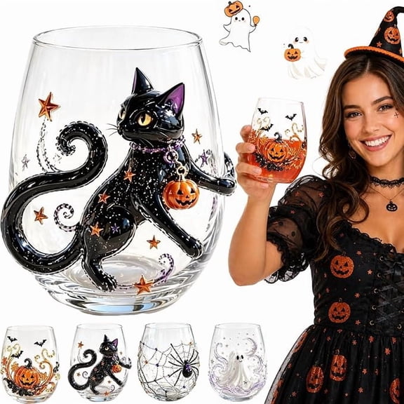 3D Halloween Glass Cups, Embossed Pumpkin Ghost Spider Web, 12 oz Clear Drinkware for Fall Parties(B)