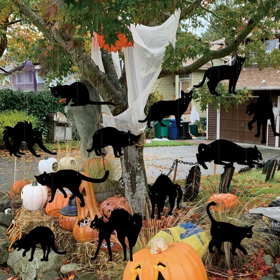 3D Halloween Hanging Black Cats Decoration, Realistic 12 Pieces Scary Hanging Cat Silhouette for Yard Sign Outdoor Indoor Lawn, Halloween Black Cat Party Home Decoration