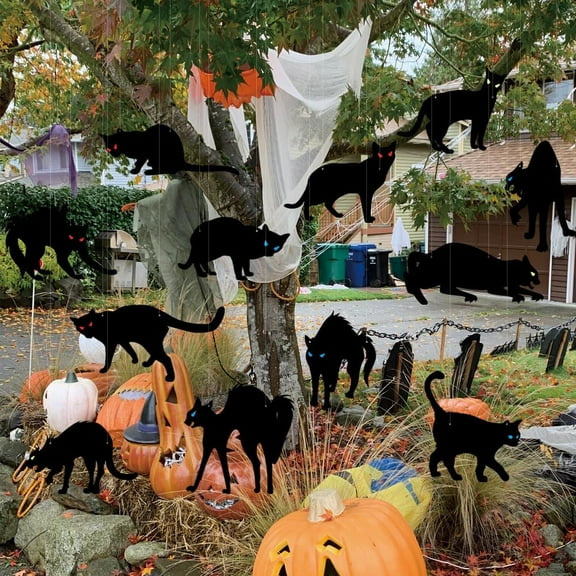 3D Halloween Hanging Black Cats Decoration, Realistic 15 Pieces Scary Hanging Cat Silhouette for Yard Sign Outdoor Indoor Lawn, Halloween Black Cat with Glowing Eyes Decoration