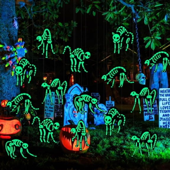 3D Halloween Hanging Cats Decoration, 6 Pcs Realistic Scary Hanging Skeleton Cats for Yard Sign Outdoor Indoor Lawn Decorations,Hanging Glow in The Dark Cats Skeleton Outdoor Decor
