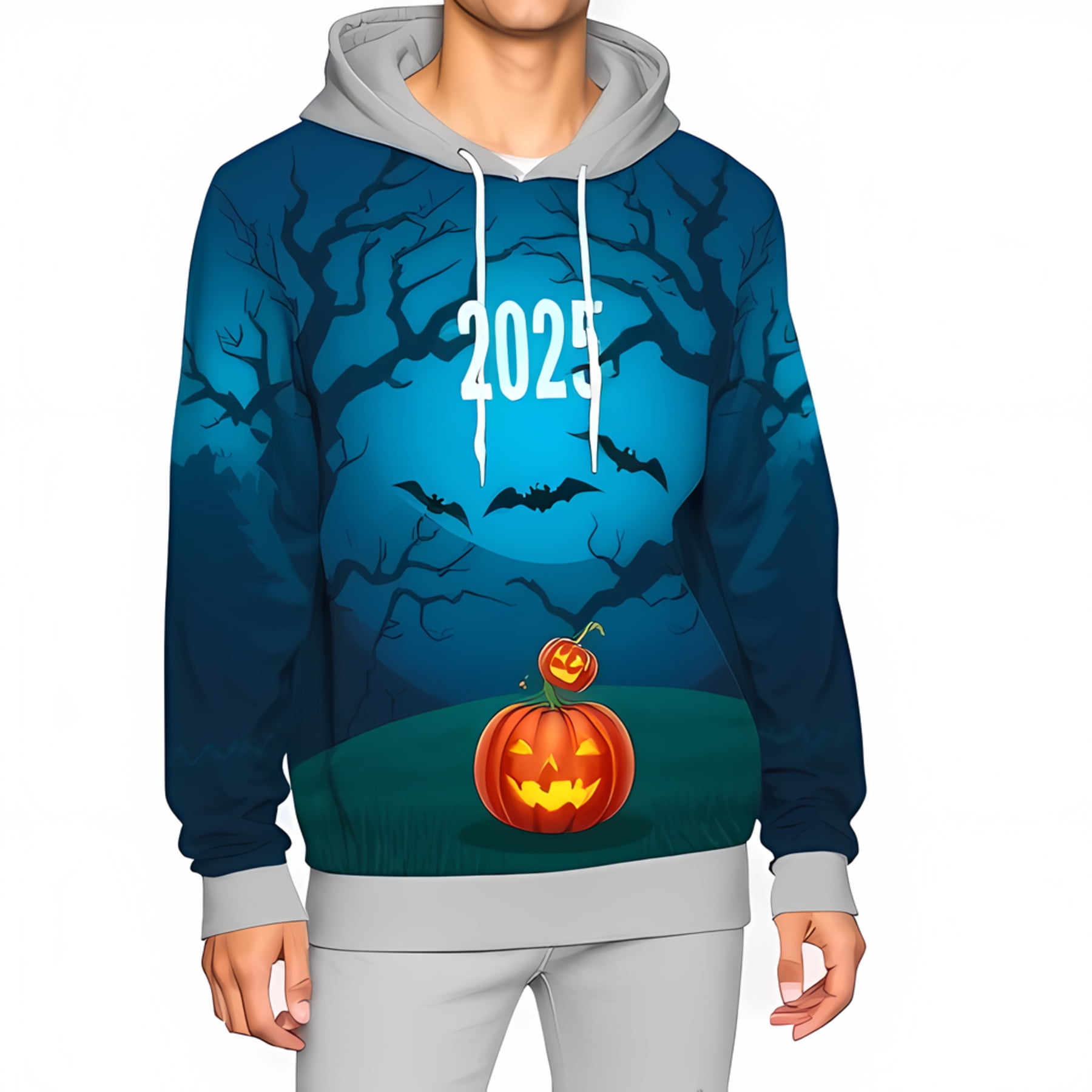 3D Halloween Hoodie with Spooky Tree Design Bats & Glowing Pumpkin