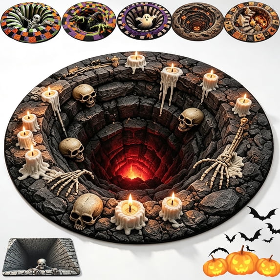 Candy Round Rug 3D Halloween Horror Skeleton Rugs Optical Illusion Corn Candy Abyss ...