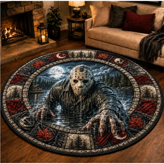 3D Halloween Jason Horror Movie Round Area Rug - Spooky Optical Illusion, Soft, Non-Slip Floor Mat for Living Room, Bedroom Seasonal Decor