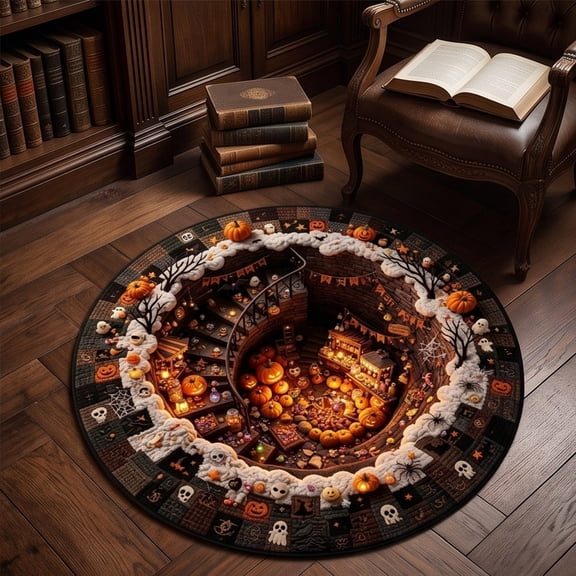 3D Halloween Magic Chamber Optical Illusion Round Rug Glowing Blue And Purple Room Pattern Floor Mat For Entryway Decor 31.5x31.5 Inch