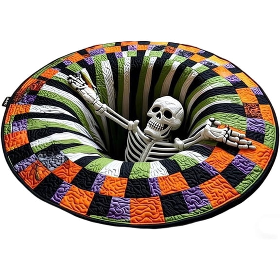 3D Halloween Optical Illusion Round Rug, Spooky Skeleton Abyss Visual‑Depth Carpet, Crystal Velvet Non‑Slip Floor Mat for Home Decor, 16 Inches