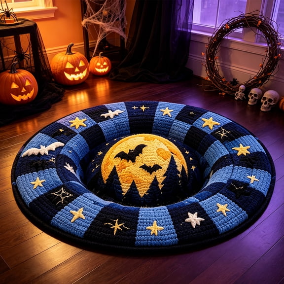 3D Halloween Optical Illusion Rug, Moon Vortex Pattern,32in Spooky Depth Visual Effect Carpet ,Quilted Non-Slip Halloween Area Mat for Indoor Doorway Bedroom Halloween Party Home Decor