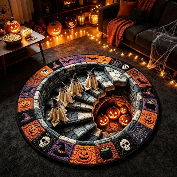 3D Halloween Optical Illusion Rug, Skeleton Ghost Pumpkin Pattern,24in | Spooky Depth Visual Effect Carpet ,Quilted Non-Slip Halloween Area Mat for Indoor Doorway Bedroom Halloween Party Home Decor
