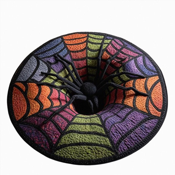 3D Halloween Round Area Rug, Quilted Spider Web Floor Mat with 3D Black Spider Decor, Colorful Multicolored Halloween Themed Circular Rug for Indoor Home Party Decor