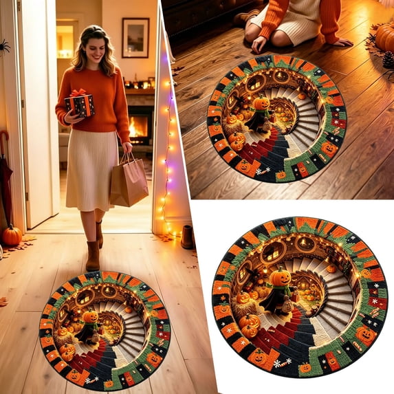 3D Halloween Round Doormat, Pumpkin and Witch Visual Print, Absorbent ...