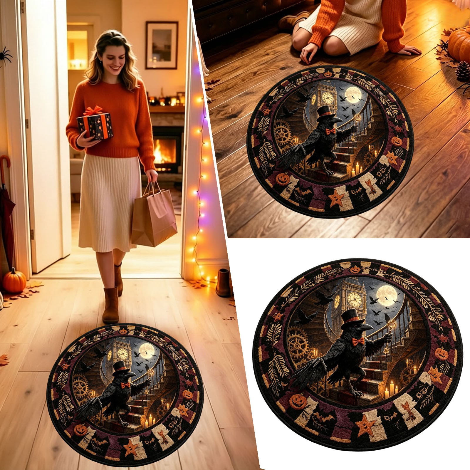 3D Halloween Round Doormat, Pumpkin and Witch Visual Print, Absorbent ...