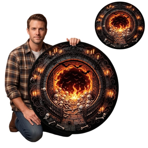 3D Halloween Round Rug Fire Gate Skull Bone Candle Design Velvet Non- Washable Area Rug for Halloween Party 31.5 in H