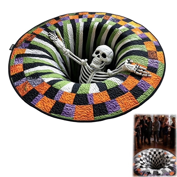 3D Halloween Round Rug, Skeleton Vortex Optical Illusion Indoor Rug, Non‑Slip Soft Fabric Spooky Home Party Decor
