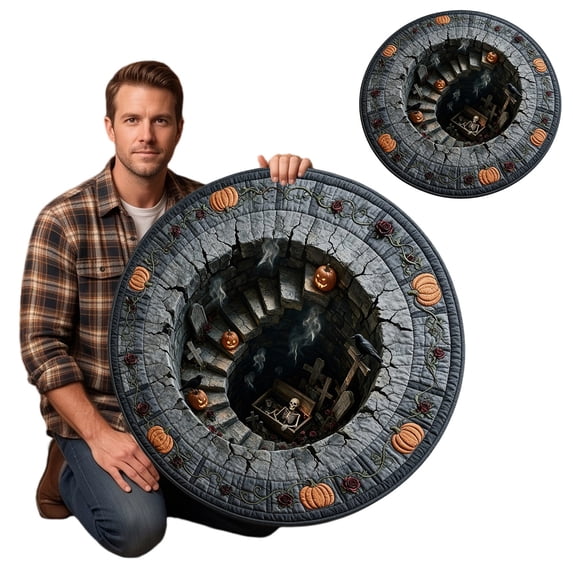 3D Halloween Round Rug Stone Well Skeleton Cross Rose Design Velvet Non- Washable Area Rug for Halloween Party 31.5 in F