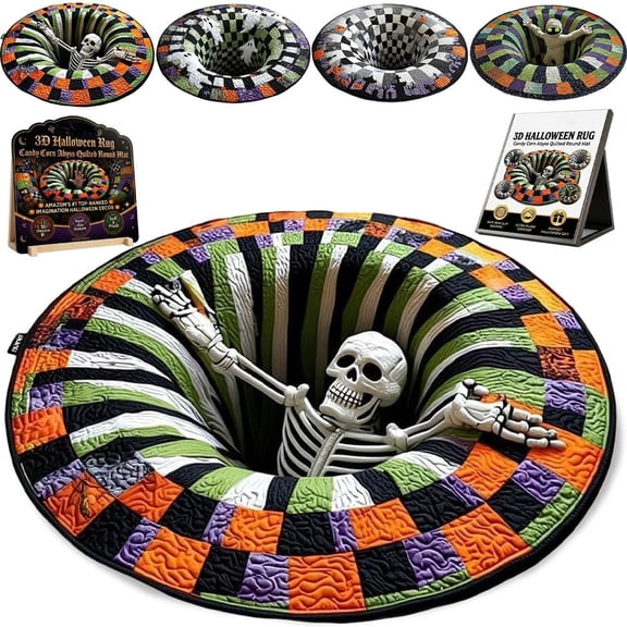 3D Halloween Rug - 3D Skeleton Vortex Quilted Round Halloween Rug, Spooky Depth Design Crystal Velvet Soft & Durable Fabric, Non-slip