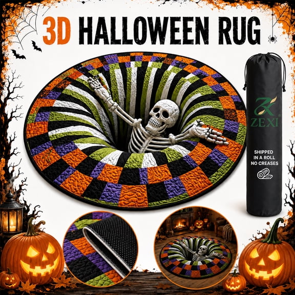 3D Halloween Rug 63 IN Large Round Optical Illusion Carpet Skeleton Vortex Design Soft Non Slip Floor Mat for Living Room Bedroom Entryway Party Decor