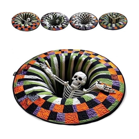 3D Halloween Rug, Candy Corn Abyss Quilted Round Mat with Ghost, Skeleton and Pumpkin Optical Illusion, Soft Non-Slip Indoor Area Rug for Living Room, Bedroom and Party Decor