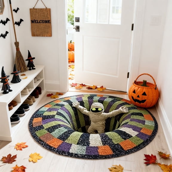 3D Halloween Rug Candy Corn Abyss Quilted Round Mat Optical Illusion Rug Spooky Halloween Area Rug Soft Flannel Floor Carpet Non Slip Decorative Home Decor for Indoor Bedroom Living Room